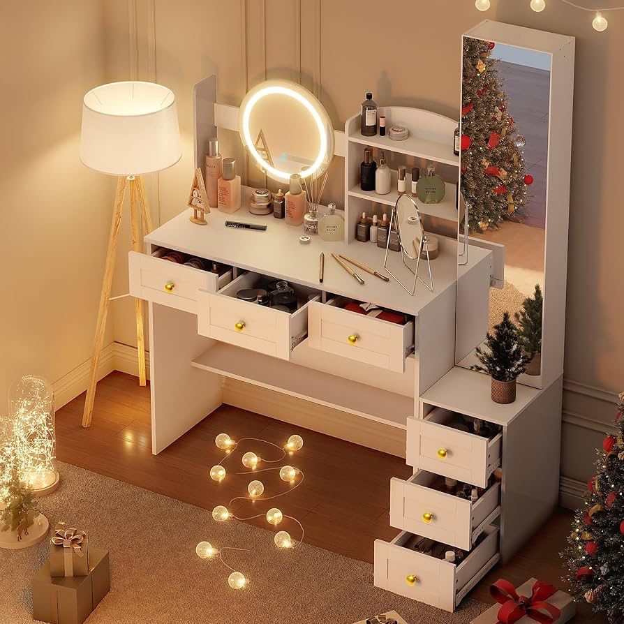 Pamapic Full-Length Mirror Vanity Desk with Lights and Jewelry Storage Cabinet, Golden Handles Makeup Vanity with 6 Drawers, 7 Compartments, 3 Lightin