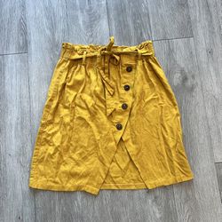 Women's Mini Skirt Mustard Yellow Paper Bag Elastic Waist Tie Belt Medium 
