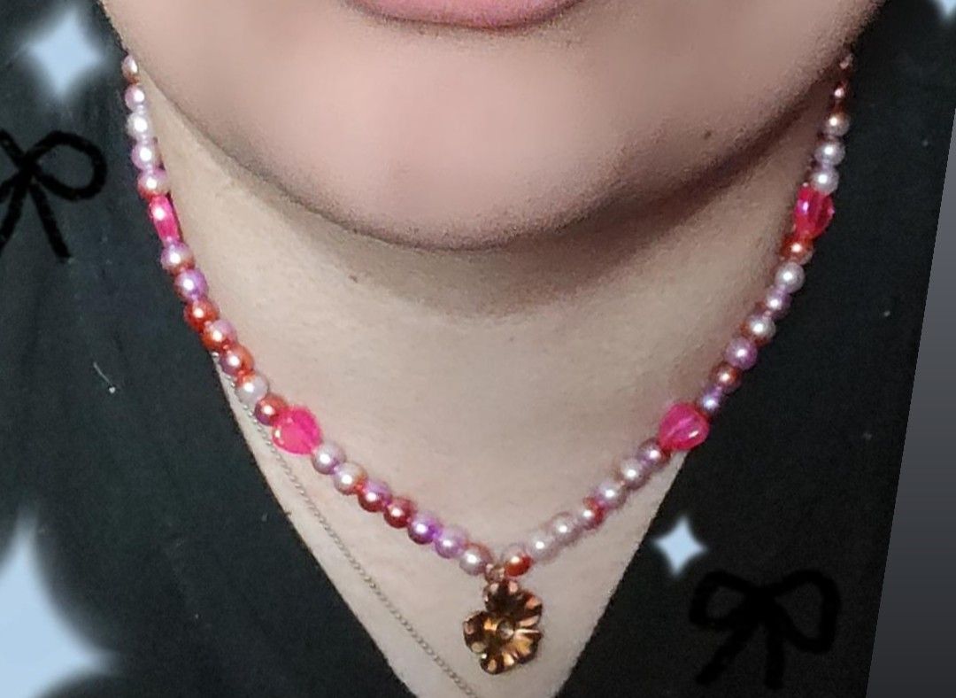 Cute Pink Golden Flower Charm Necklace 