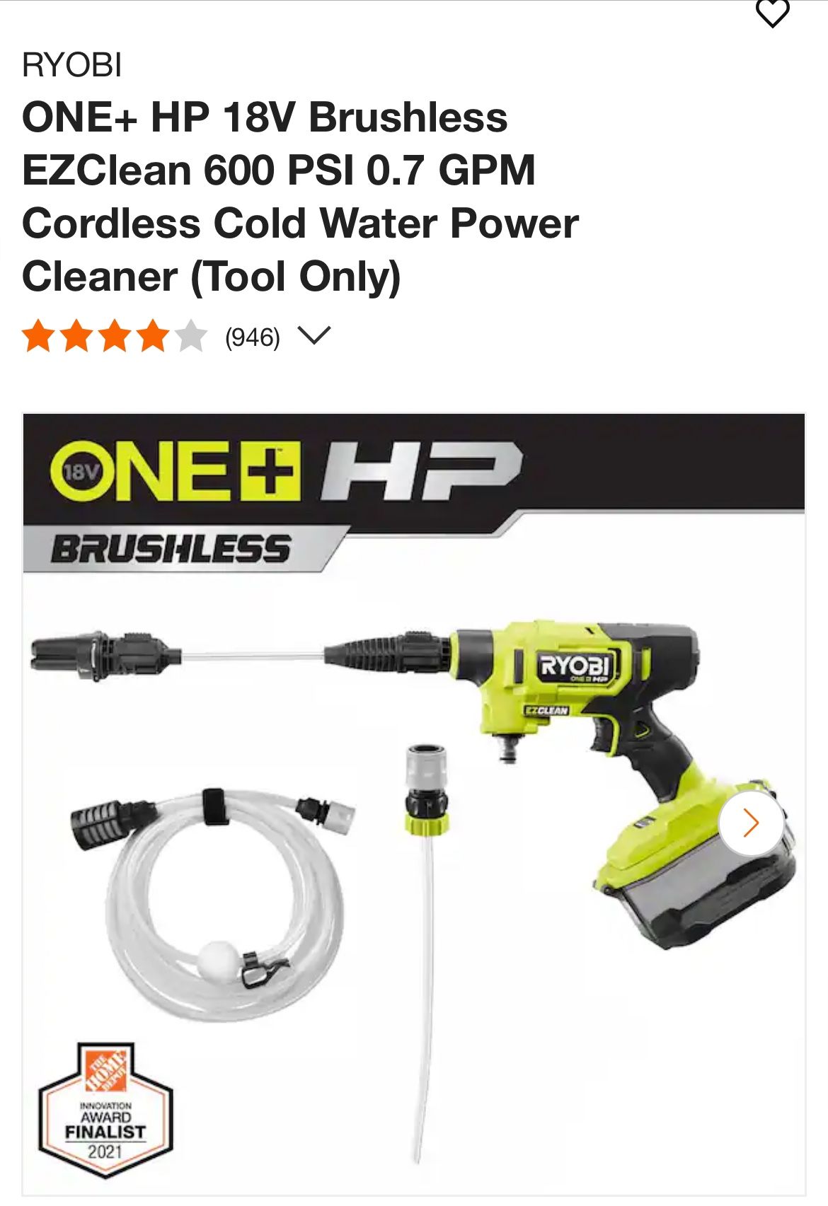 ONE+ HP 18V Brushless EZClean 600 PSI 0.7 GPM Cordless Cold Water Power Cleaner (Tool Only)