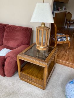 Wood End Table with Glass Top and Drawer