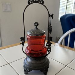 Antique Victorian Cranberry Glass Pickle Caster With Tongs