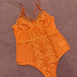 New  1xl bodysuit Neon Orange Lace Stretchy Festival Rave Boho Bodysuit Lingerie 