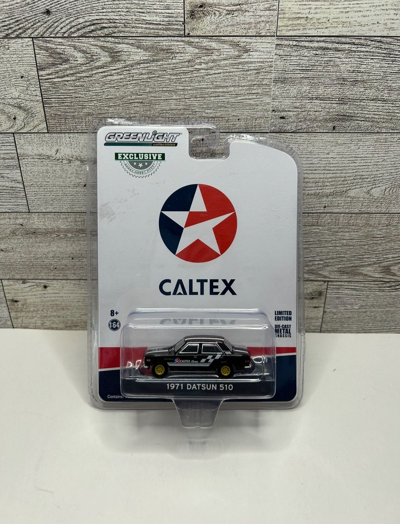 GreenLight Collectibles CALTEX Black ‘1971 Datsun 510 • Die Cast Metal • Made in China Scale 1:64