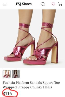 Hot Pink Metallic Strap Chunky Platform Heels