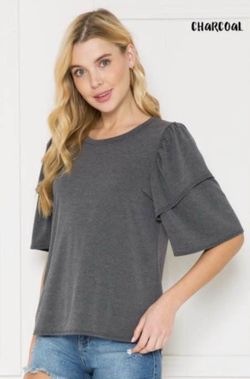 Women’s Size Large Soft Ruffle Sleeve Top, Charcoal, NEW
