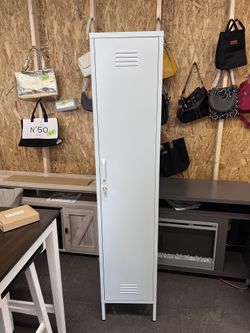 New In Box Novogratz Cache 1-Door Tall Single Metal Locker Style Storage Cabinet, Powder Blue