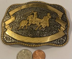 Vintage Metal Belt Buckle, Silver and Brass, Crumrine, Calf Roping, Rodeo, Nice Western Design, 4 1/2" x 3 1/4", Cowboy Style, Heavy Duty, Quality, Ma
