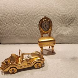 Collectible Miniature Royale Royce Car, Quartz Clock, and Chair, 