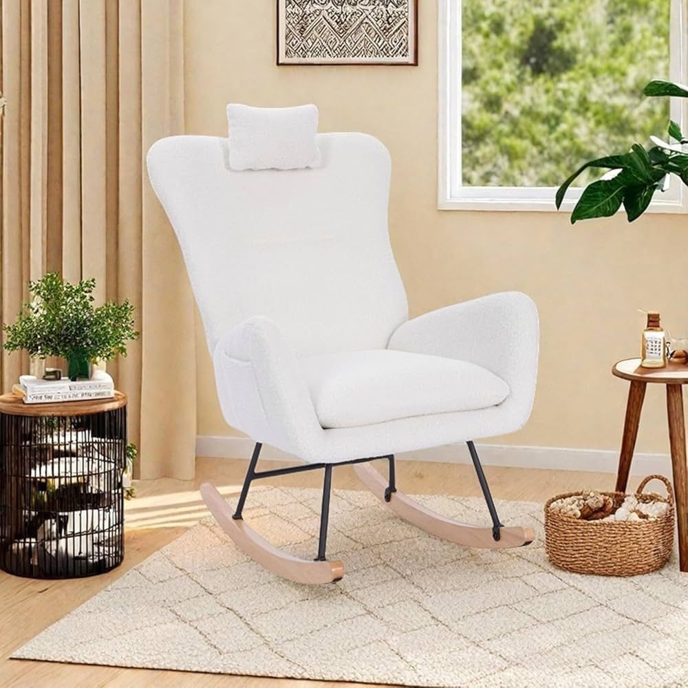 Nursery Rocking Chair, Teddy Upholstered Glider Rocker with High Backrest and Headrest, Modern Reading Chair, Comfy Armchair for Living Room Bedroom O