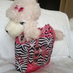 Barbie Poodle with Poodle Tote bag. Poodle is wearing a matching Barbie dress.