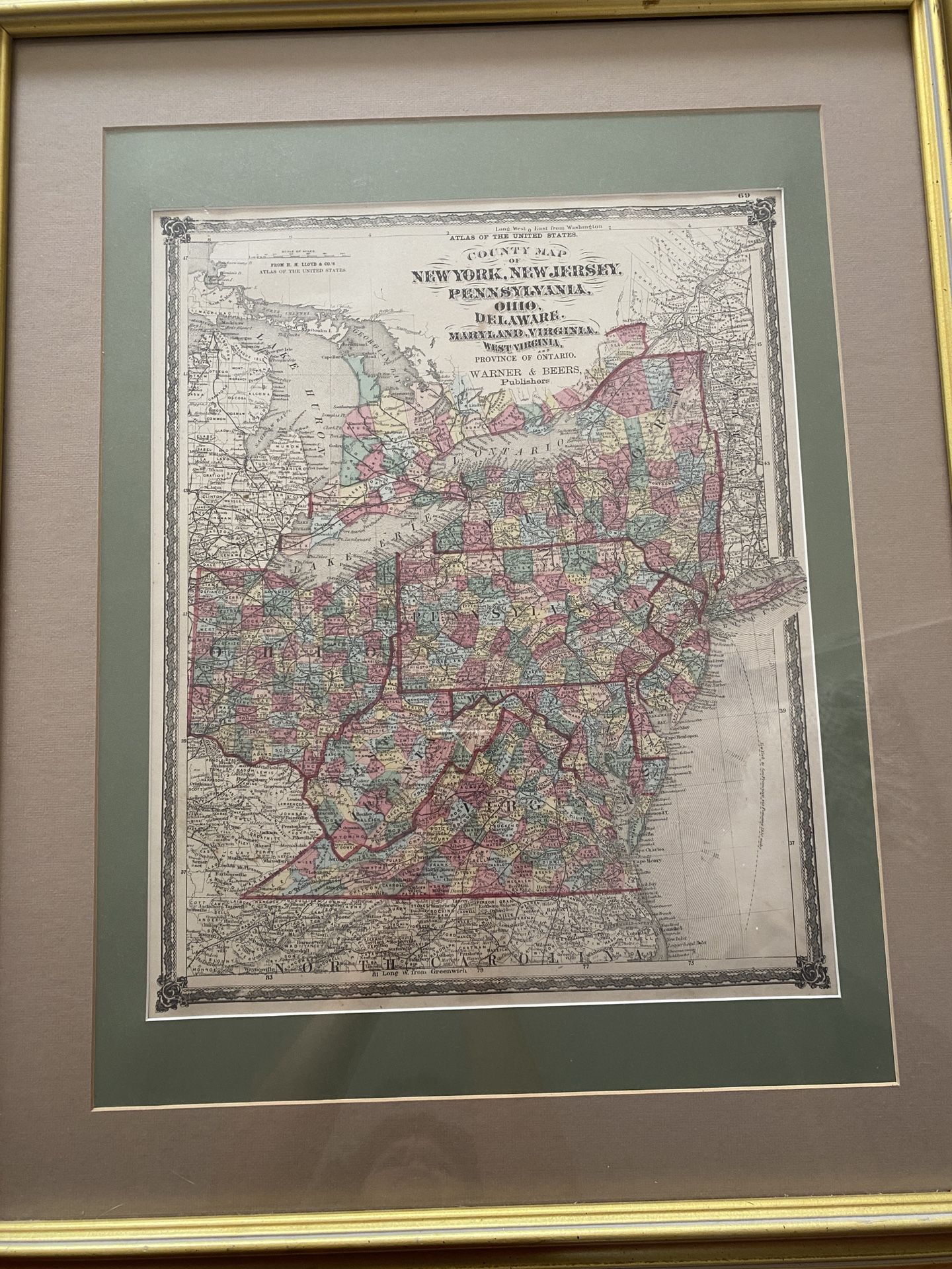 County Map of New York, New Jersey, Pennsylvania, Ohio, Delaware, Maryland, Virginia, West Virginia by Warner & Beers
