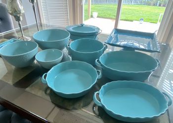 Turquoise Serverware Set (4 Serving Dishes and One with cover, Bowl set, Cake Stand)