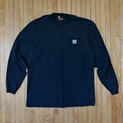 Y2K Carhartt Men's Faded Black Distressed Long Sleeve Chest Pocket Tee Sz. M