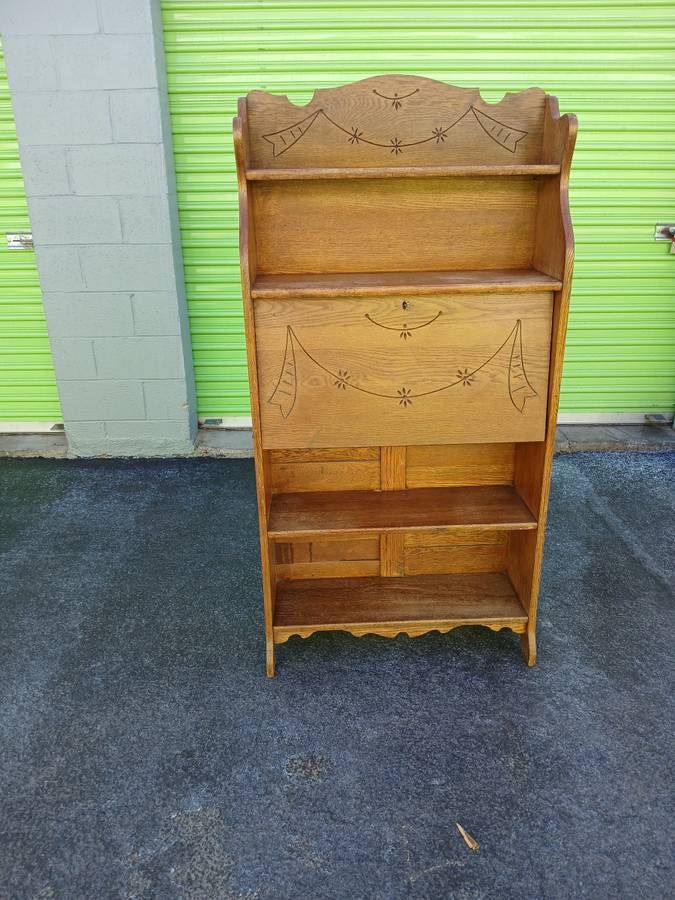 Desk: Vintage Drop-Front Secretary desk with bookcase shelves