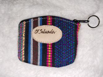 El Salvador Leather and Cotton Souvenir Coin Purse Keychain Colorful NEW