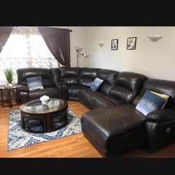 Brown Leather Sectional Sofa with Recliner and Coffee Table