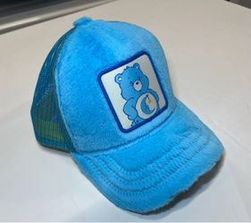 Overlord Care Bears Bedtime Bear Plush Faux Fur Mesh Trucker Hat Blue Yellow Snapback Cap Super Retro 2024 Unisex Adjustable Streetwear Nostalgia Fest