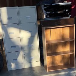 2 Tall metal cabinets & brown shelf 