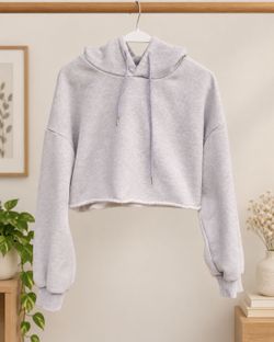 Dazy Women's M Gray Cropped Hoodie Raw Hem Balloon Sleeve Hoodie