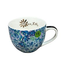 Lilly Pulitzer Hidden Lions Coffee Cup Mug Floral Blue Green Purple Gold Trim