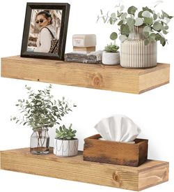 17x6.8x2 Inch Rustic Floating Shelves for Wall Set of 2 - Oak Solid Wood Wall Mounted Shelves with Invisible Bracket, Compact Design for Farmhouse Liv