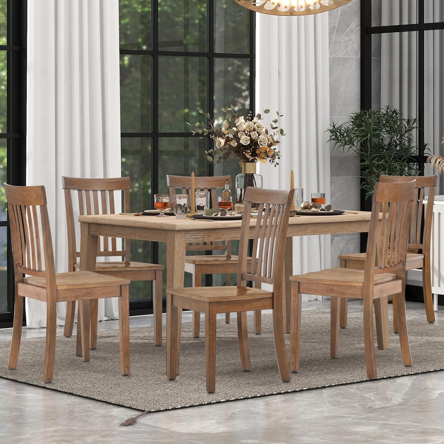 COLAMY Wooden Dining Room Chairs Set of 6, Spindle High Back Windsor Kitchen Side Chair, Farmhouse Dining Chairs for Kitchen, Dining Room, Light Brown