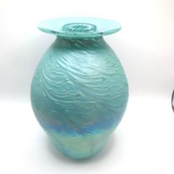 Signed Connie Christopher 2013 Aqua Green Iridescent Vase 7.5”H Signed Sea Ocean