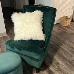 Velvet Dark Green Accent Chair W/ottoman