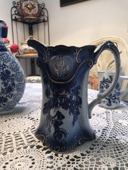 Blue and White Pitcher with Gold accents