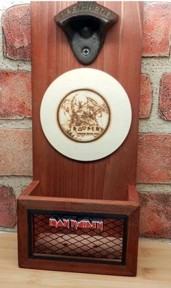 Custom Iron Maiden Trooper Beer Wood Wall Mount Bottle Opener W/ 4 Coasters