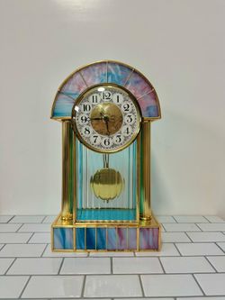 Vintage Art Deco Style Mantel Clock Brass Tone Blue Pink Stained Glass Panel Quartz Clock