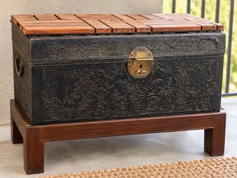 Vintage Chinese Embossed Leather Storage Chest with Stand