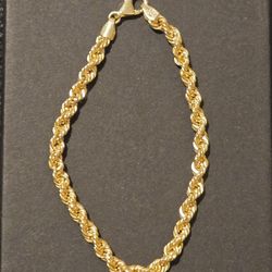 Gold Over Silver Rope Bracelet-7.5" 4.5MM Semi Solid 