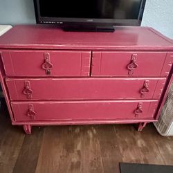 Red Wood Dresser With Metal Drawer Pulls 