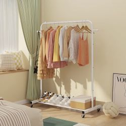 Clothing Rack on Wheels with Storage Shelf & Sturdy Metal Frame, Retail Clothing Rack for Hanging Clothes, Coats, Skirts,Space-Saving Mobile Organizer