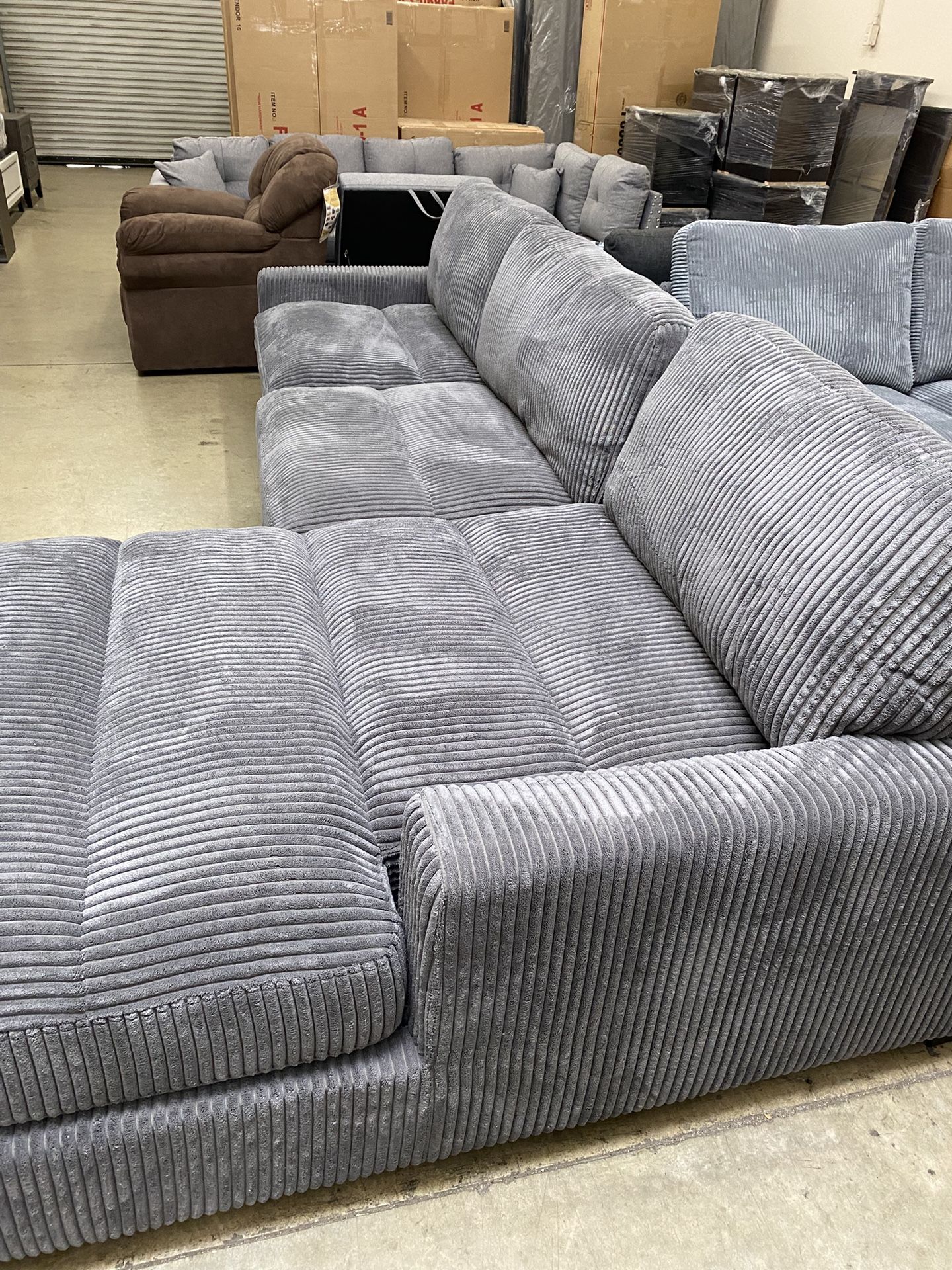 Gray Plush Modular Sofa Deep Seating Adjustable Backs 127x66 seat depth 40”