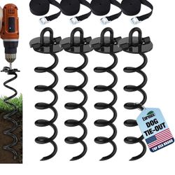  4-Pc Pack Spiral Stakes Heavy Duty Anchor Kit Ice Screw Anchor for Trampoline, Tents, tarps, Canopies,car Ports,Dog tie Out and etc Bonus Tie Down St