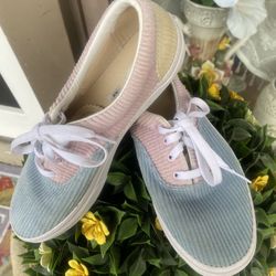 VANS Sneakers Off The Wall sz 7 worn one time  corduroy Pink , Sky Blue , Tan 
