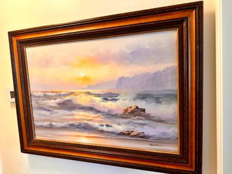 Large Vintage 44x32 Coastal Seascape Framed Oil Painting – Signed By Artist