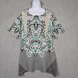 STYLE & CO Woman TUNIC BLOUSE Top Size 3X Tan/green/black print Short Sleeve