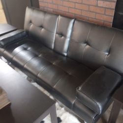 Black Leather Futon With Cup Holder 