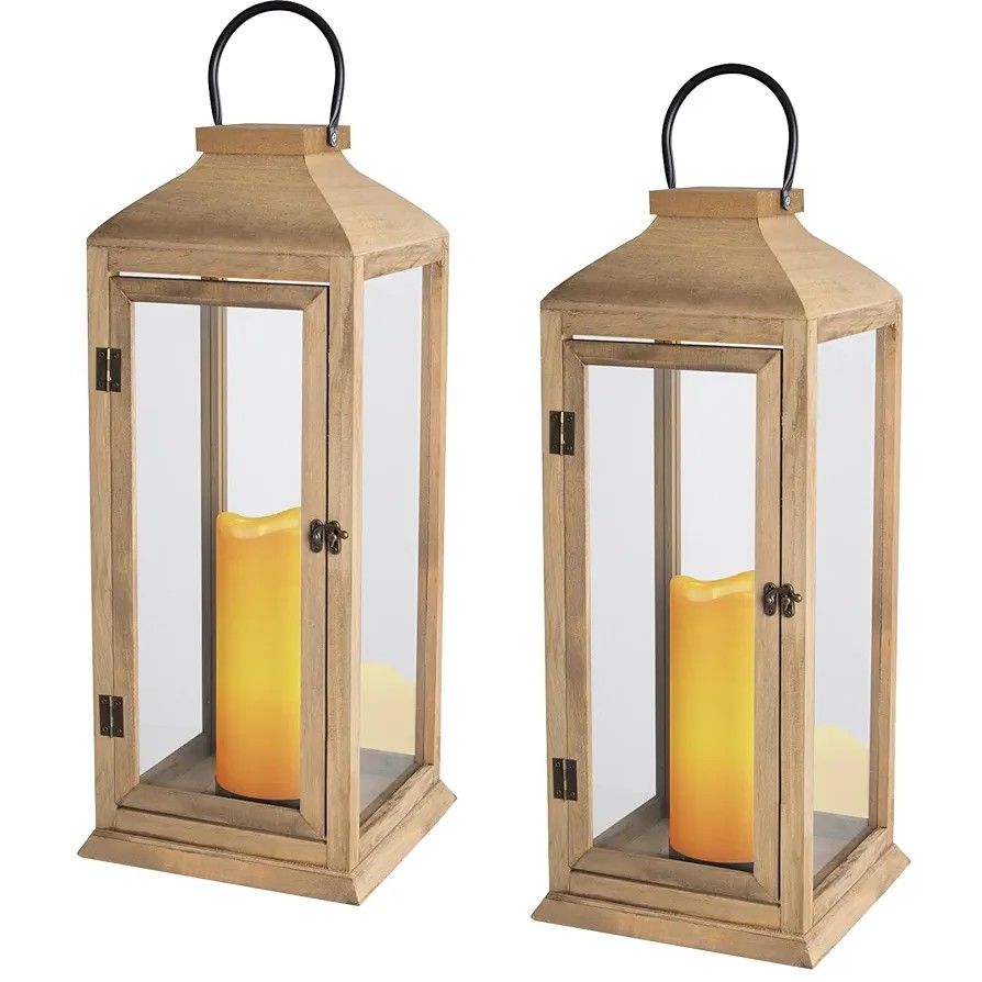 Bdor 2 Pack Lanterns Decorative - 27.5in New Zealand Pine Lanterns Decorative with Flameless Pillar Candles, Decorative Lanterns for Home Decor, Indoo