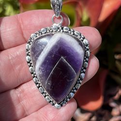 Teardrop Chevron Amethyst Silver 2.2” Pendant