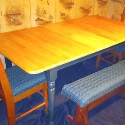 Sturdy Country Style 5 Piece Pine Wood Expandable Dining Room Table Set With Hidden Leaf, 2 Upholstered Chairs And 2 Benches