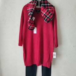 IZ Byer Girl 3pc Sweater Tunic / Legging Pant / Scarf Set Outfit Size XL (16) Red New