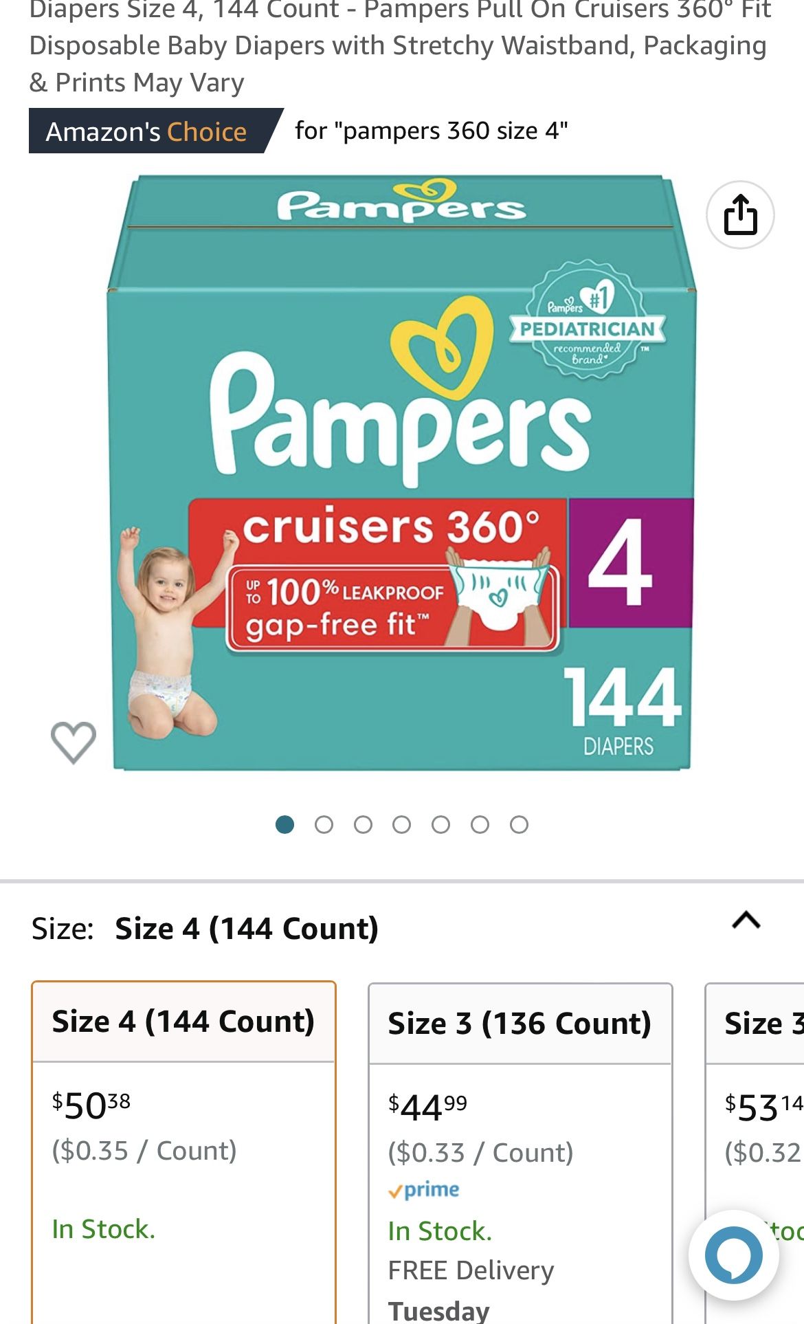 Size 4 Pampers Cruisers 360 Diapers, 144Count
