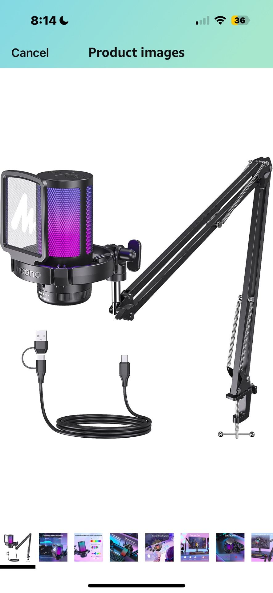 MAONO Gaming USB Microphone, Noise Cancellation Condenser mic with Mute, Gain, Monitoring, Boom Arm for Streaming, Podcast, Twitch, YouTube, Discord,