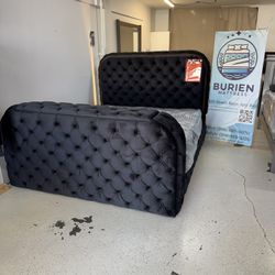 Black Velvet Button Upholstery Tv Stand Fire Place Display Bluetooth Speaker Wireless With Mattress Pillow Top 