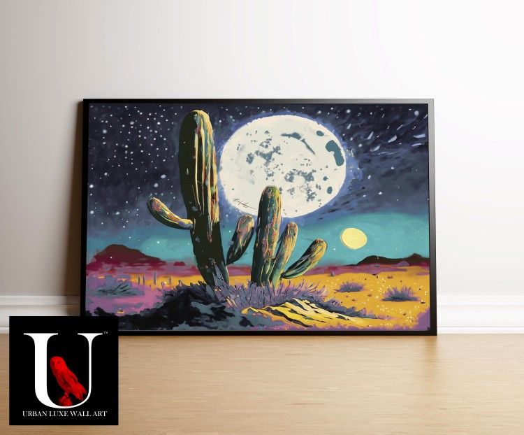 Big 24x36 Framed Art Print - Desert Cactus Night